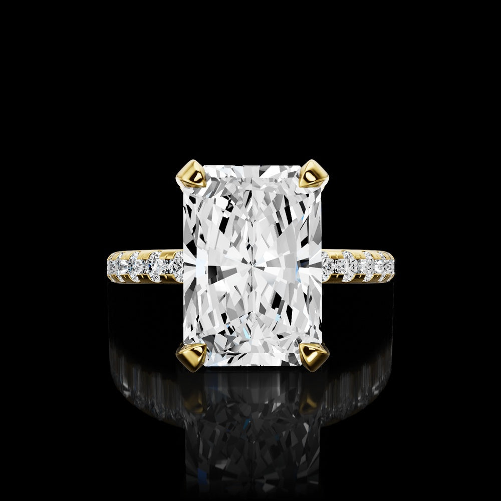 14K Yellow Gold Hidden Halo Ring with 4.09 Carat Radiant Cut Lab Diamond and Pave Band - 4.95 Total Diamond Weight - Covaloro Fine Jewelry