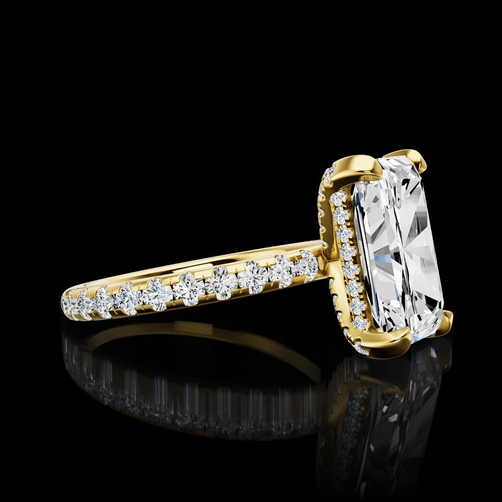 14K Yellow Gold Hidden Halo Ring with 4.09 Carat Radiant Cut Lab Diamond and Pave Band - 4.95 Total Diamond Weight - Covaloro Fine Jewelry