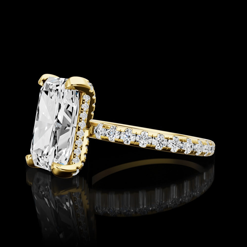 14K Yellow Gold Hidden Halo Ring with 4.09 Carat Radiant Cut Lab Diamond and Pave Band - 4.95 Total Diamond Weight - Covaloro Fine Jewelry