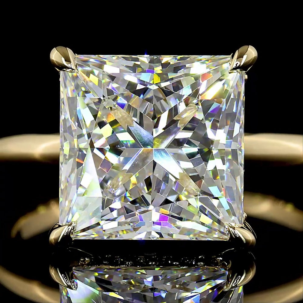 14K Yellow Gold Hidden Halo Ring with 5.09 Carat Princess Cut Lab Diamond and 0.12 Carat Brilliant Cut Accents - 5.21 Total Carat Weight - Covaloro Fine Jewelry