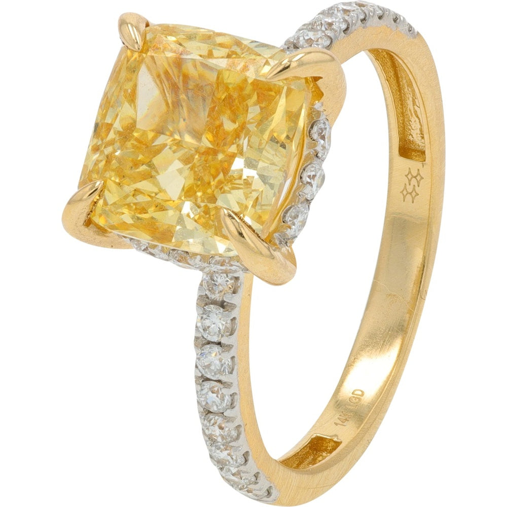 14K Yellow Gold Hidden Halo Ring with Cushion Cut Yellow Lab Grown Diamond and Pave Set Shoulder Diamonds - 3.89 Carat Total Diamond Weight