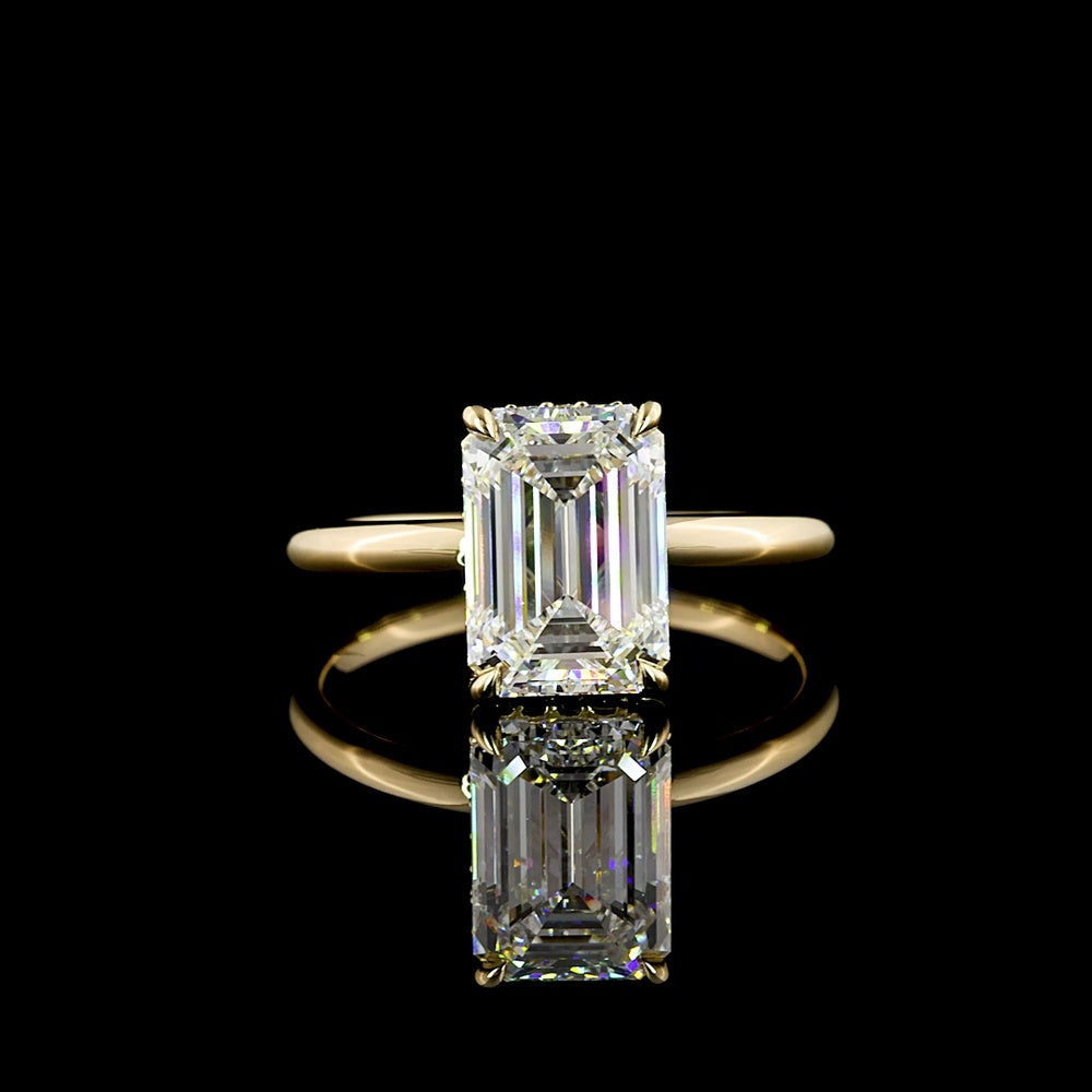 14K Yellow Gold Hidden Halo Ring with Emerald Cut Lab Diamond - 2.60 Carat Center Stone & 0.12 Carat Accent Diamonds - 2.72 Total Carat Weight - Covaloro Fine Jewelry