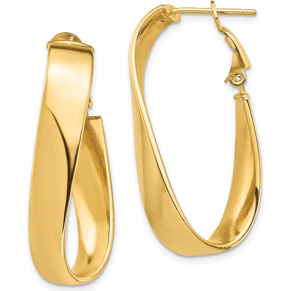 14K Yellow Gold High Polished 7mm Wavy Oval Hoop Earrings - Omega Back by Oro Pregiato