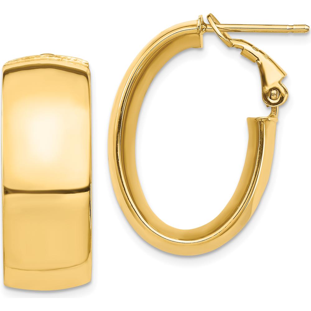 14K Yellow Gold High Polished Oval Hoop Earrings with Omega Back - 10mm Thickness by Oro Pregiato