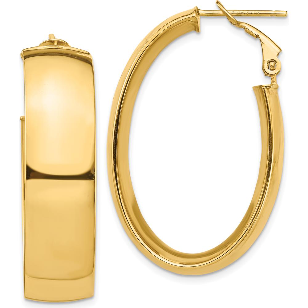 14K Yellow Gold High Polished Oval Hoop Earrings with Omega Clip Back Closure - 10mm Thickness by Oro Pregiato