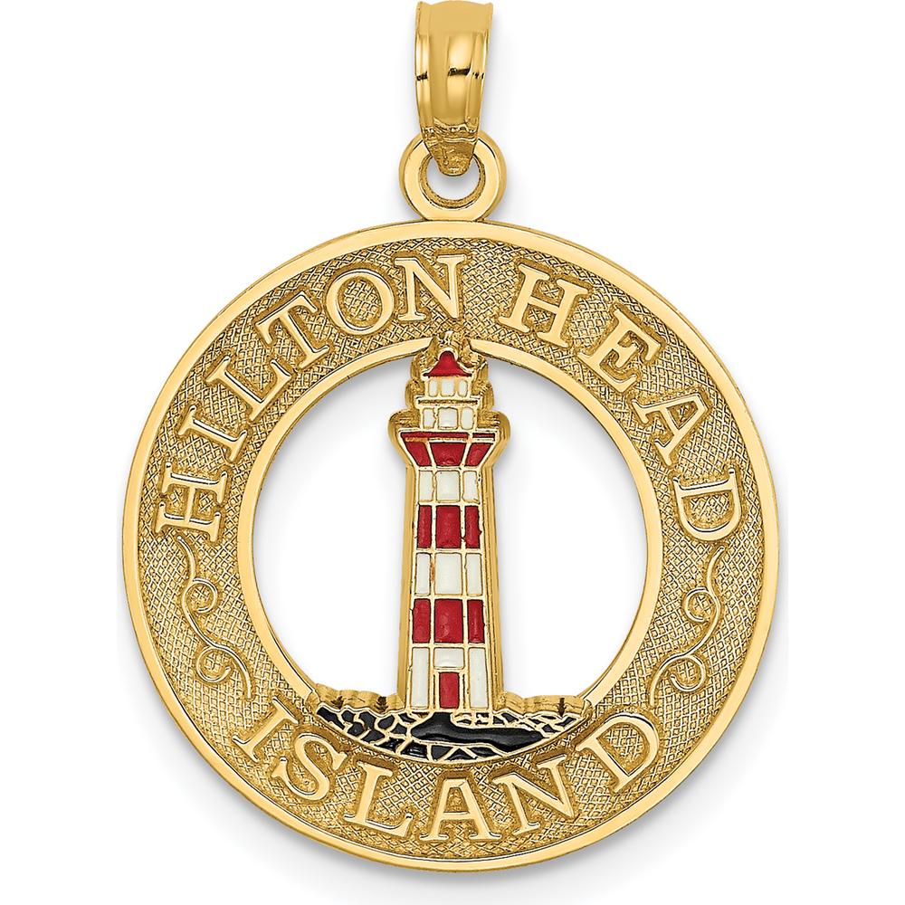 14K Yellow Gold Hilton Head Enamel Lighthouse Circle Charm with Red, White, and Black Accents by Oro Pregiato