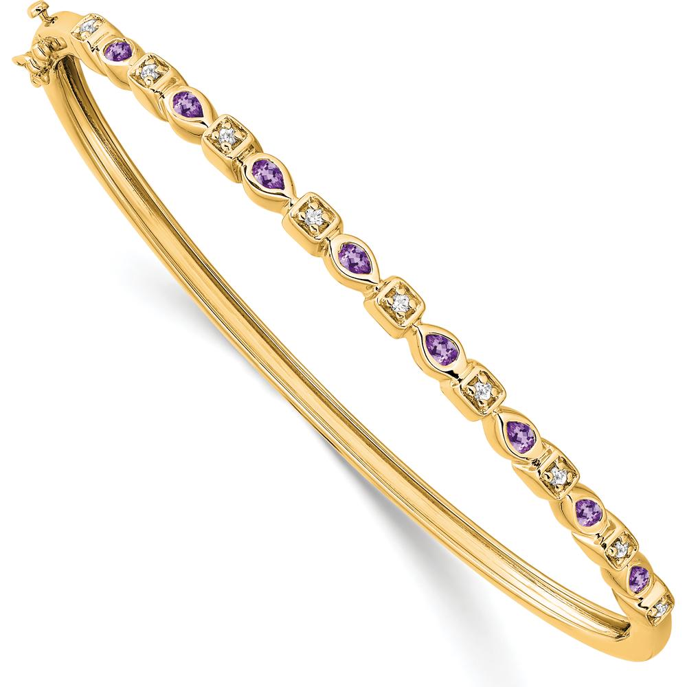 14K Yellow Gold Hinged Bangle Bracelet with Amethyst and Diamond - 0.05 Carats Amethyst & 0.11 Carats Diamond Total Weight by Monteluci Fine Jewelry
