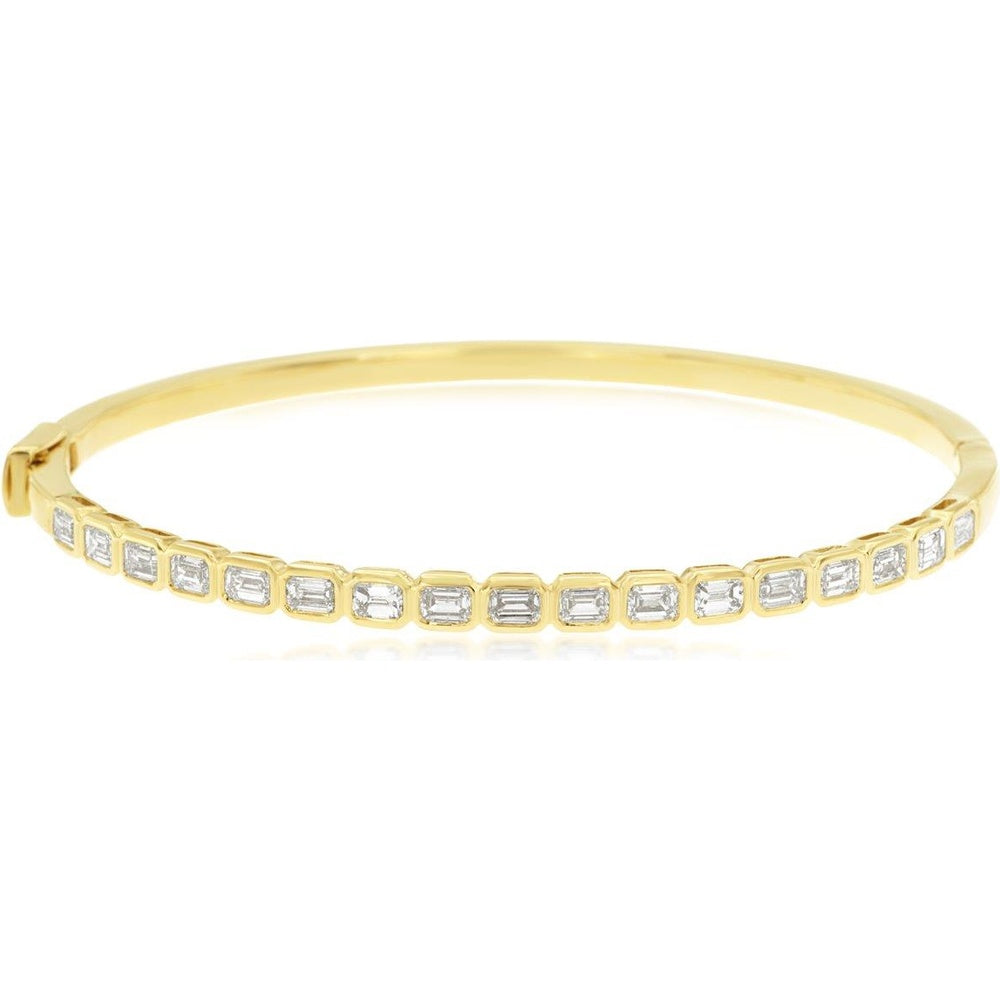 14K Yellow Gold Hinged Bangle Bracelet with Half-Bezel Set Emerald Cut Diamonds - 1.80 Carat Total Diamond Weight - Royal Jewelry