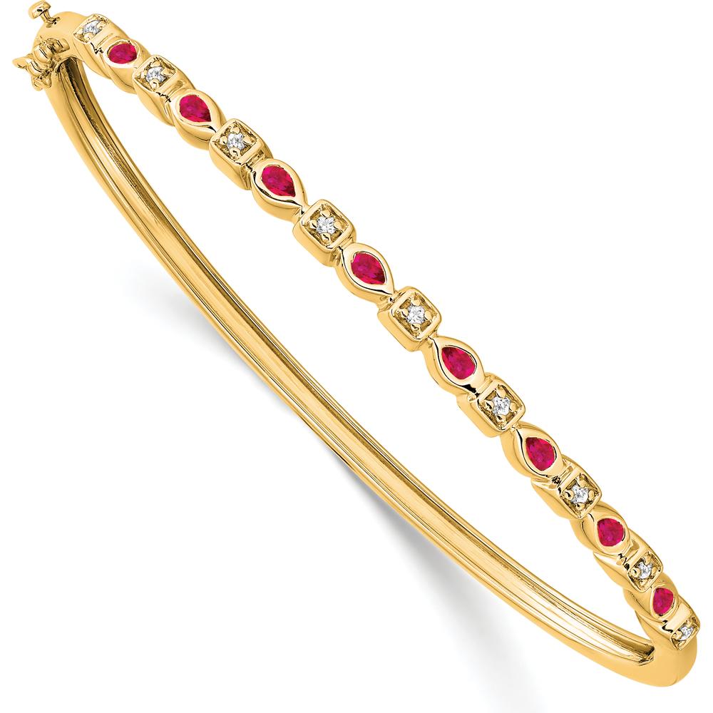 14K Yellow Gold Hinged Bangle Bracelet with Pear-Shaped Rubies and Round Diamonds - 0.05 Carats Ruby, 0.12 Carats Diamond Total Weight by Monteluci Fine Jewelry