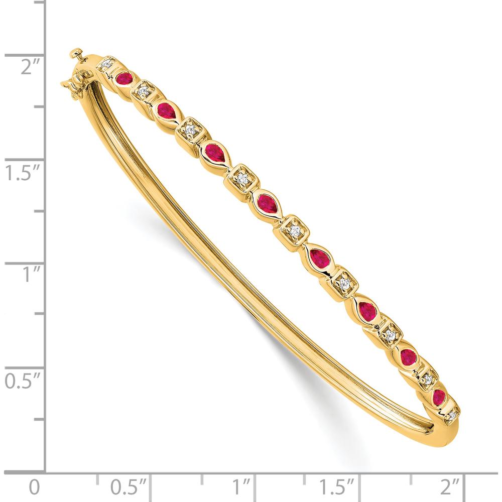 14K Yellow Gold Hinged Bangle Bracelet with Pear-Shaped Rubies and Round Diamonds - 0.05 Carats Ruby, 0.12 Carats Diamond Total Weight by Monteluci Fine Jewelry
