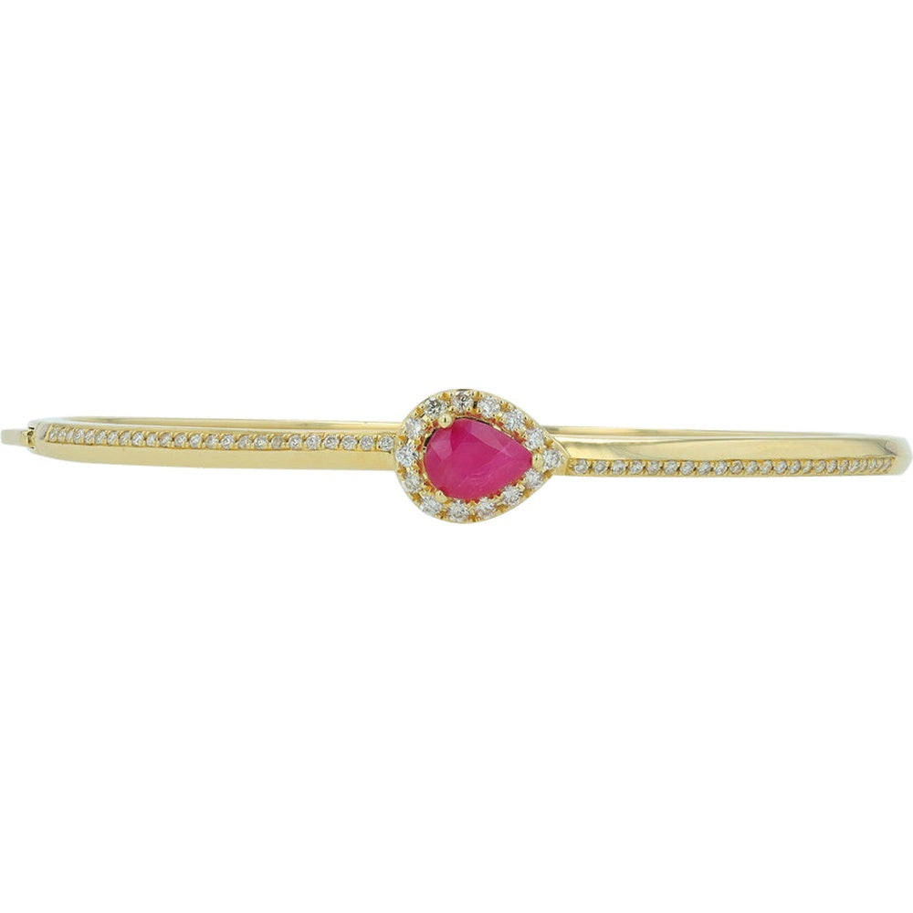 14K Yellow Gold Hinged Bangle with 1.05 Carat Round Ruby and 0.50 Carat Total Diamond Pavé Halo