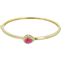 14K Yellow Gold Hinged Bangle with 1.05 Carat Round Ruby and 0.50 Carat Total Diamond Pavé Halo