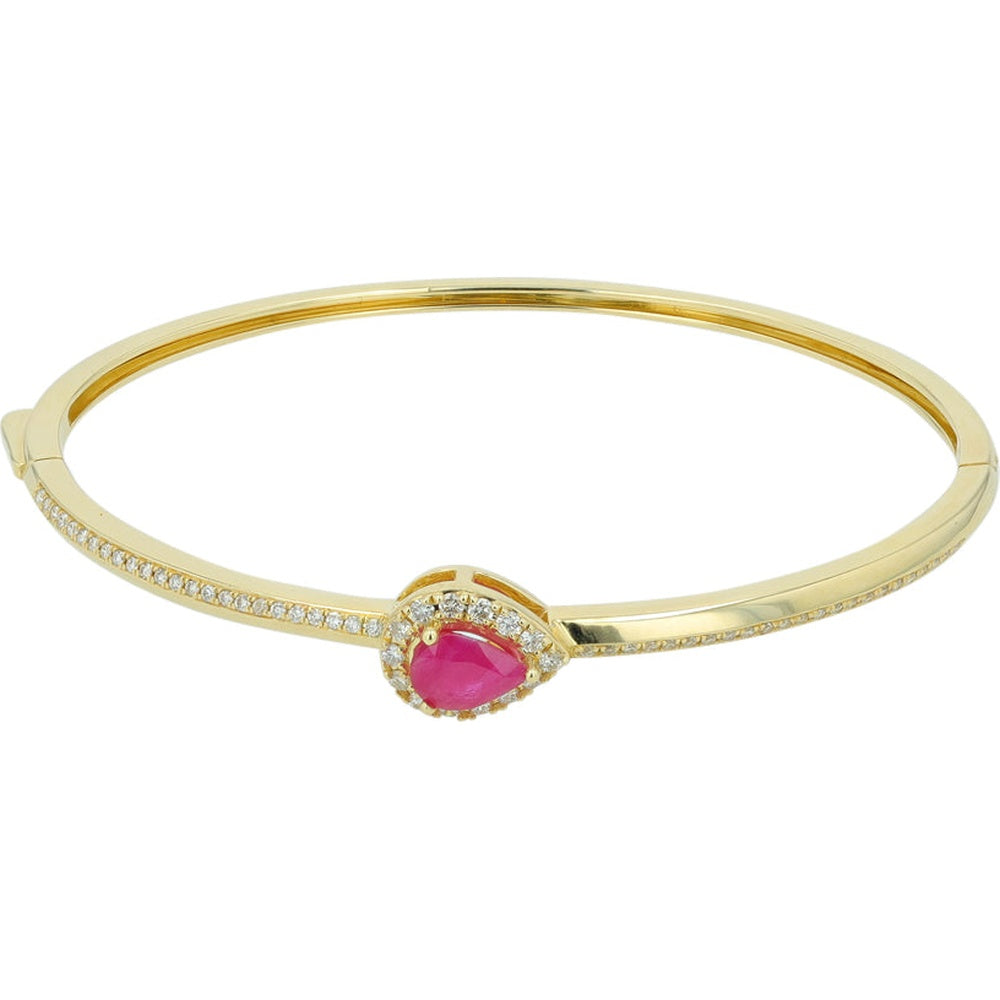 14K Yellow Gold Hinged Bangle with 1.05 Carat Round Ruby and 0.50 Carat Total Diamond Pavé Halo