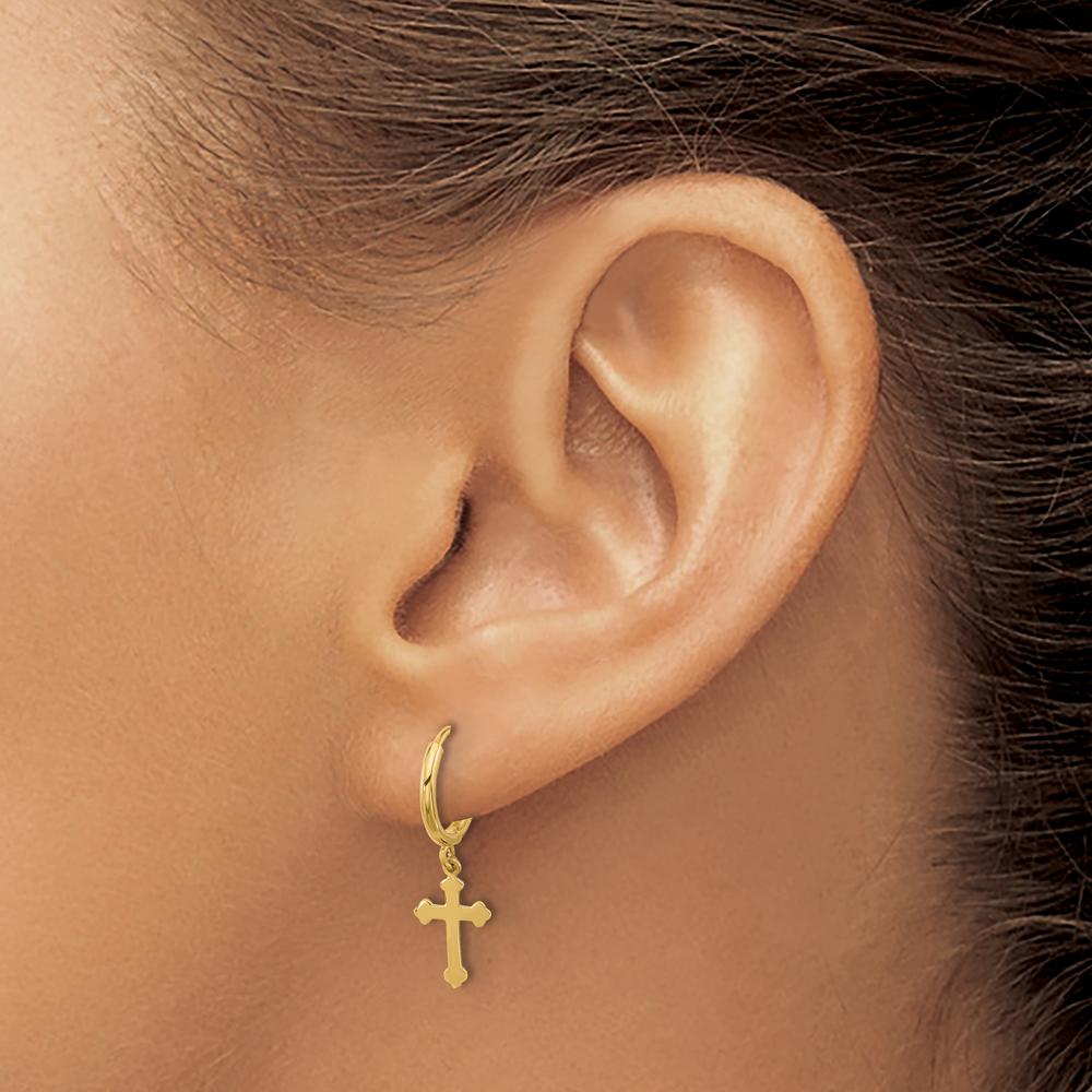 14K Yellow Gold Hinged Dangle Cross Hoop Earrings by Oro Pregiato