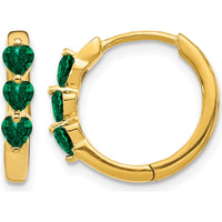 14K Yellow Gold Hinged Hoop Earrings with Lab-Created Heart-Shaped Emeralds - 0.14 Carat Total Emerald Weight by Monteluci Fine Jewelry