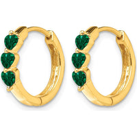 14K Yellow Gold Hinged Hoop Earrings with Lab-Created Heart-Shaped Emeralds - 0.14 Carat Total Emerald Weight by Monteluci Fine Jewelry