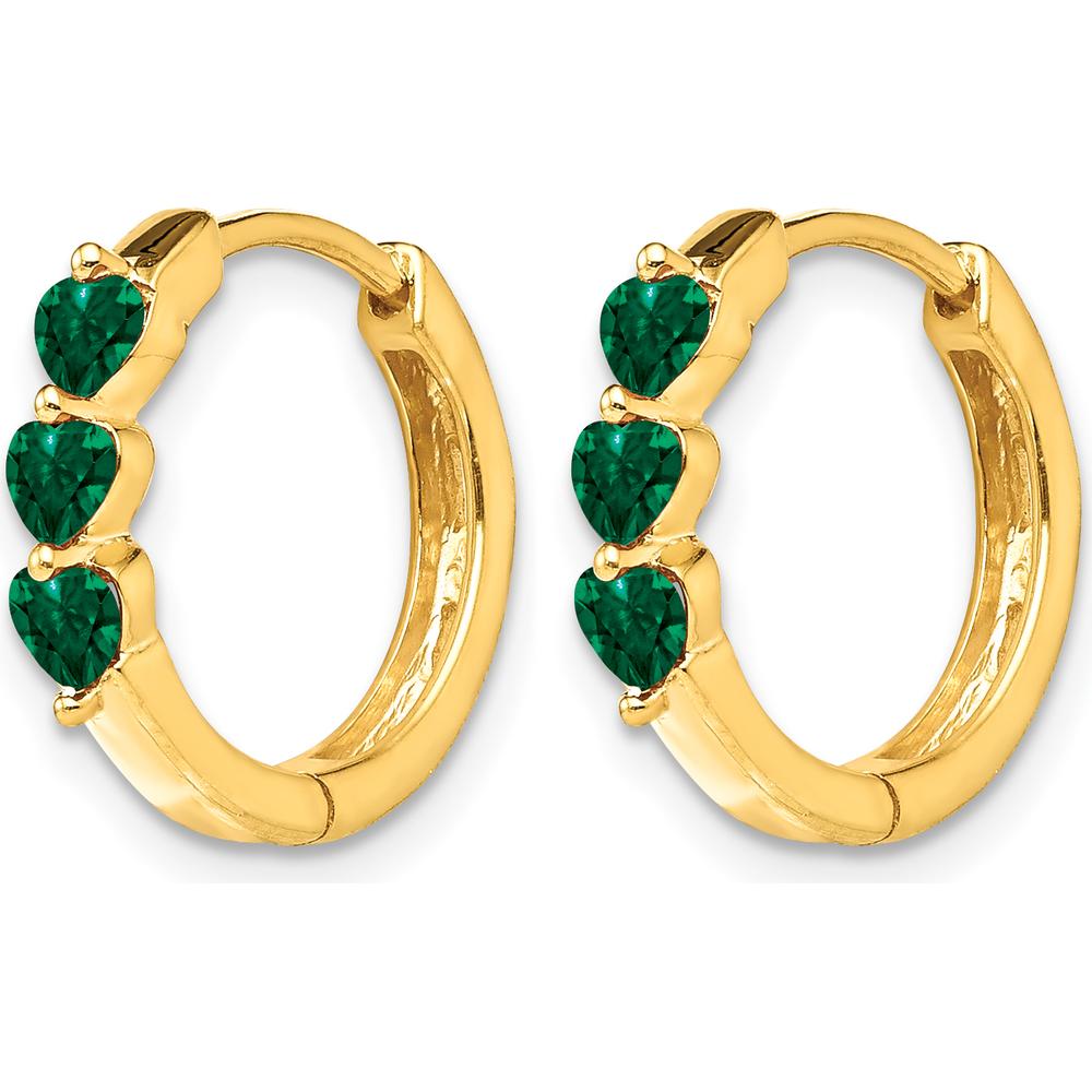 14K Yellow Gold Hinged Hoop Earrings with Lab-Created Heart-Shaped Emeralds - 0.14 Carat Total Emerald Weight by Monteluci Fine Jewelry