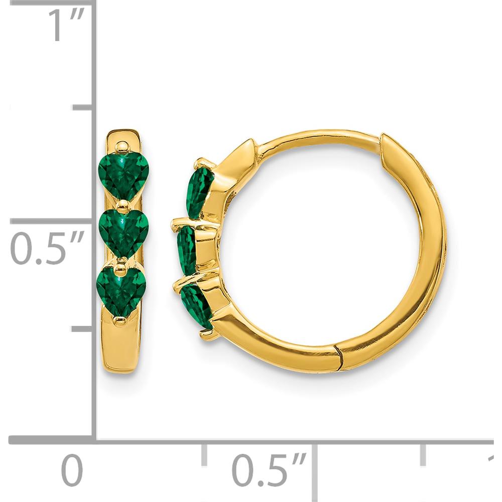 14K Yellow Gold Hinged Hoop Earrings with Lab-Created Heart-Shaped Emeralds - 0.14 Carat Total Emerald Weight by Monteluci Fine Jewelry