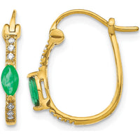 14K Yellow Gold Hinged Hoop Earrings with Marquise Emeralds and Round Diamonds - 0.11 Carat Total Emerald Weight, 0.06 Carat Total Diamond Weight by Monteluci Fine Jewelry
