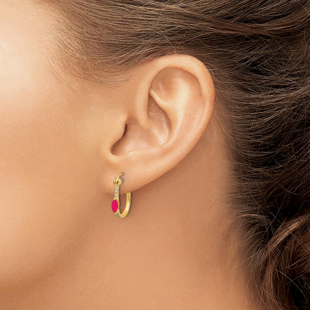 14K Yellow Gold Hinged Hoop Earrings with Marquise Ruby and Round Diamonds - 0.23 Carat Ruby, 0.06 Carat Total Diamond Weight by Monteluci Fine Jewelry