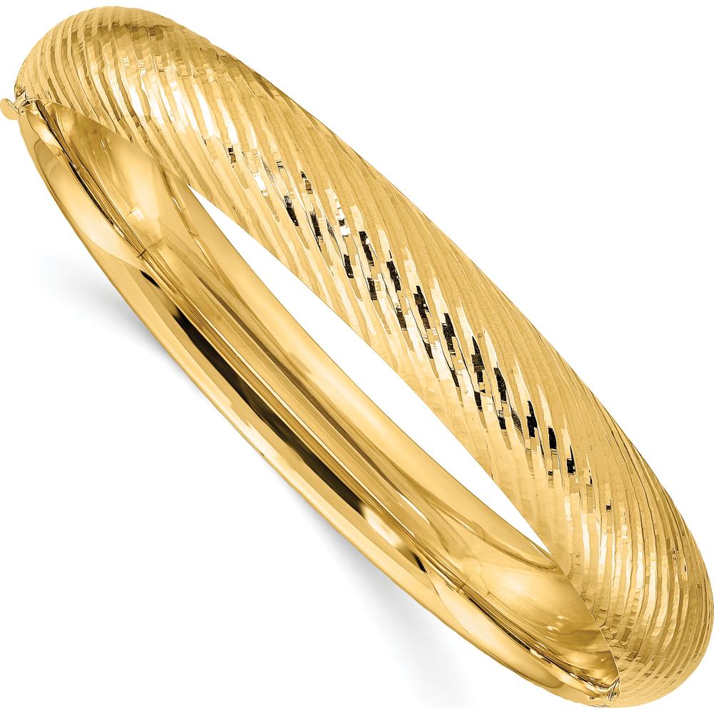 14K Yellow Gold Hinged Oval Bangle Bracelet with Polished and Diamond-Cut Texture - 10mm Width, 7.5in Length by Oro Pregiato