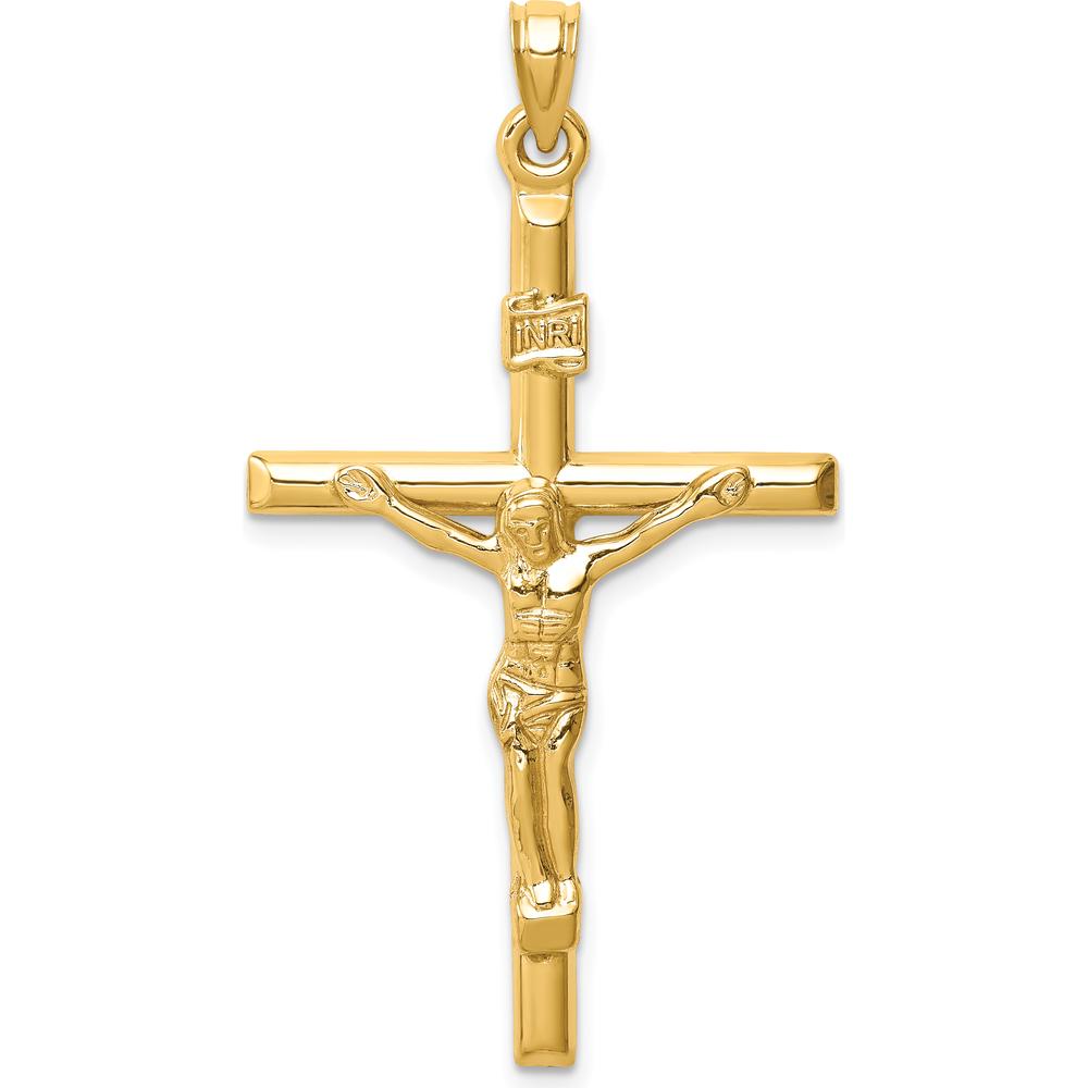 14K Yellow Gold Hollow Crucifix Pendant with INRI Inscription - Polished Finish by Oro Pregiato