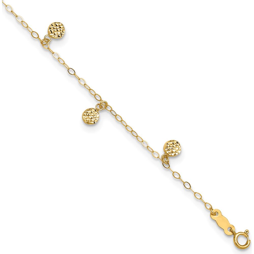 14K Yellow Gold Hollow Dangle Circles Anklet with Diamond-Cut Texture - Adjustable 9" Plus 1" Extender