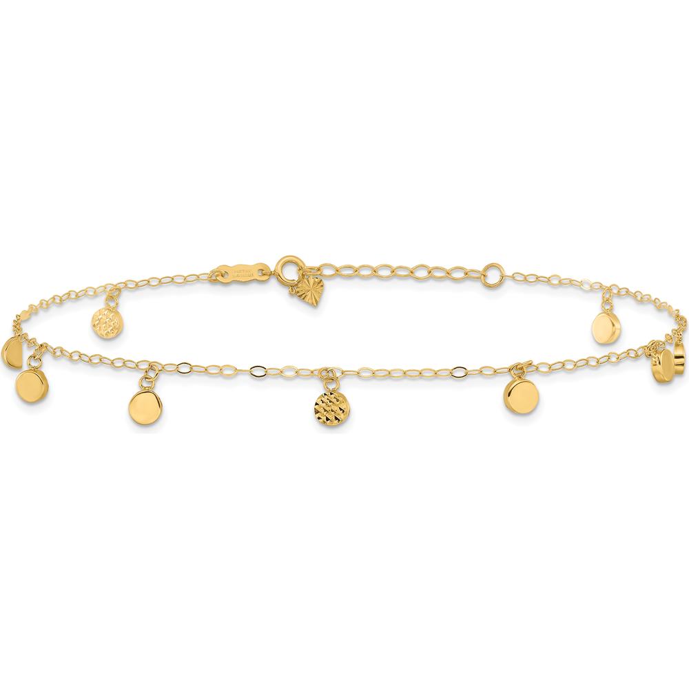 14K Yellow Gold Hollow Dangle Circles Anklet with Diamond-Cut Texture - Adjustable 9" Plus 1" Extender