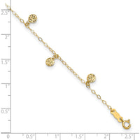 14K Yellow Gold Hollow Dangle Circles Anklet with Diamond-Cut Texture - Adjustable 9" Plus 1" Extender