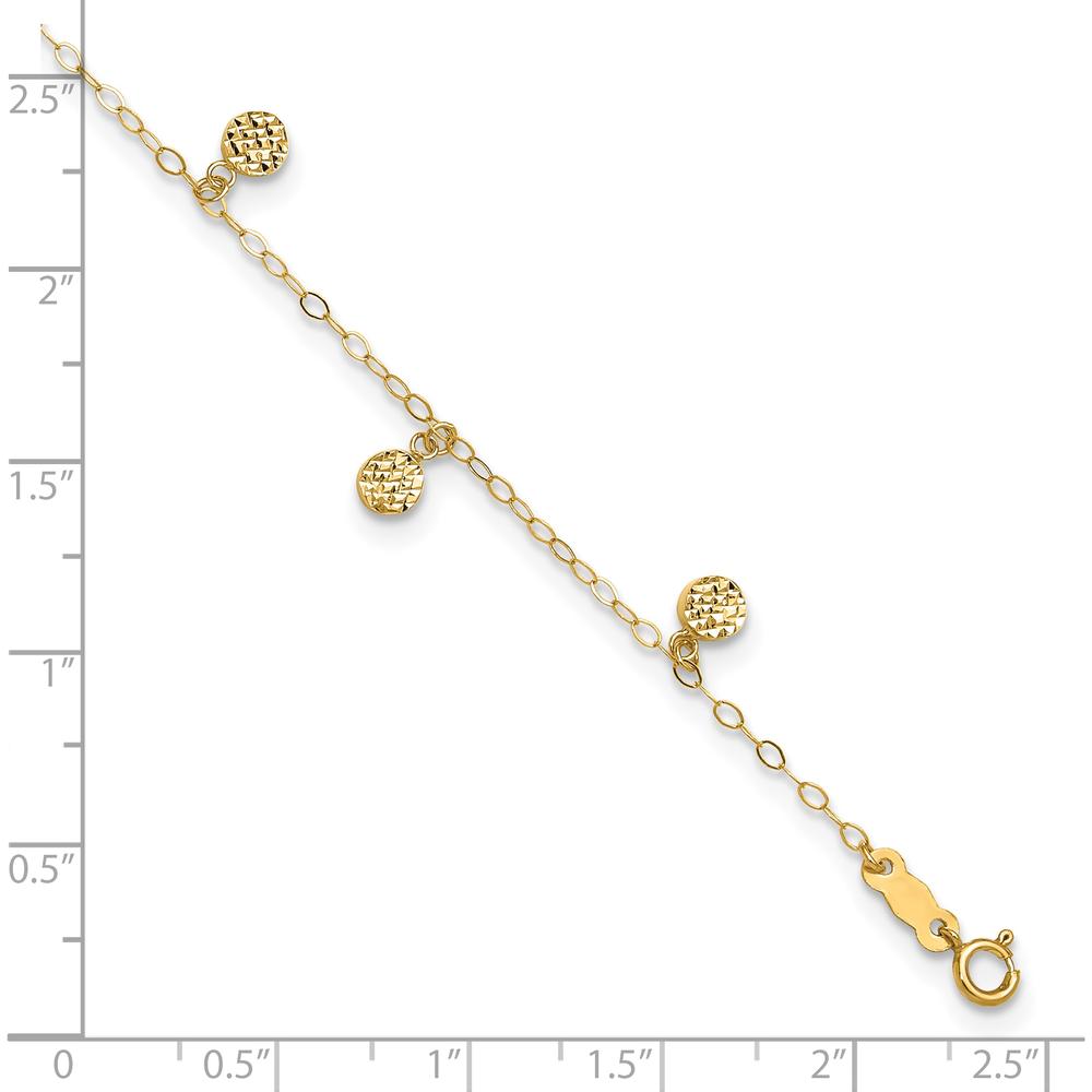 14K Yellow Gold Hollow Dangle Circles Anklet with Diamond-Cut Texture - Adjustable 9" Plus 1" Extender