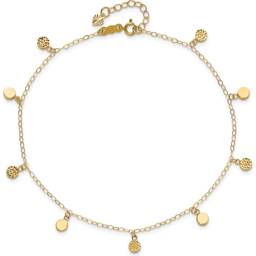 14K Yellow Gold Hollow Dangle Circles Anklet with Diamond-Cut Texture - Adjustable 9" Plus 1" Extender