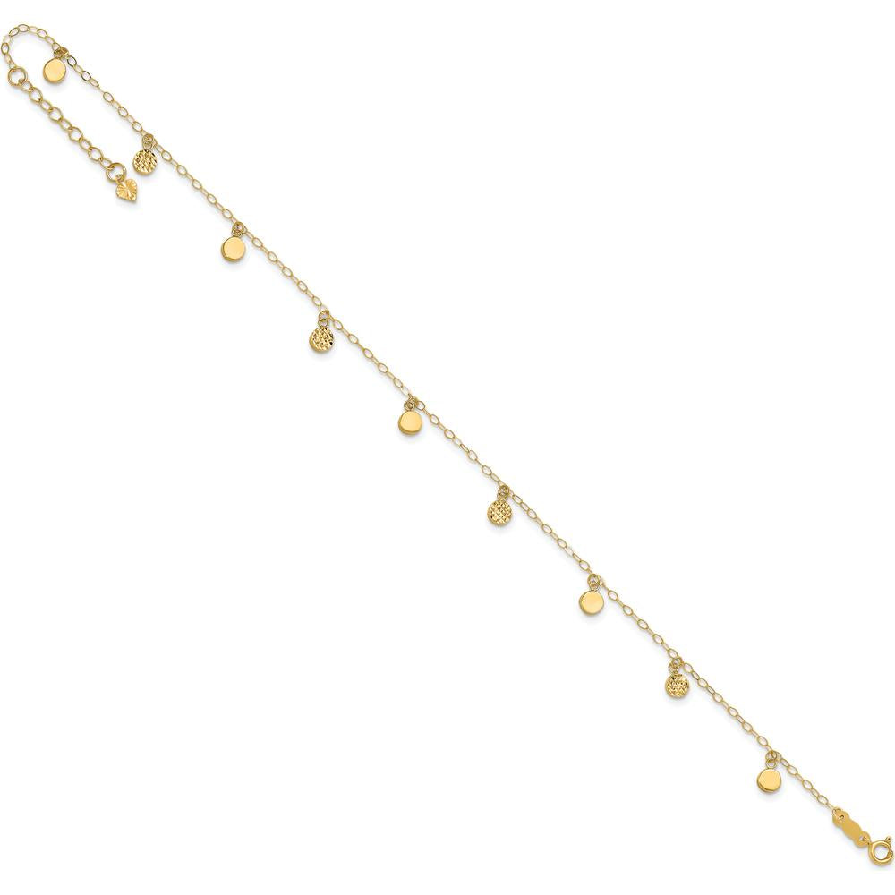 14K Yellow Gold Hollow Dangle Circles Anklet with Diamond-Cut Texture - Adjustable 9" Plus 1" Extender