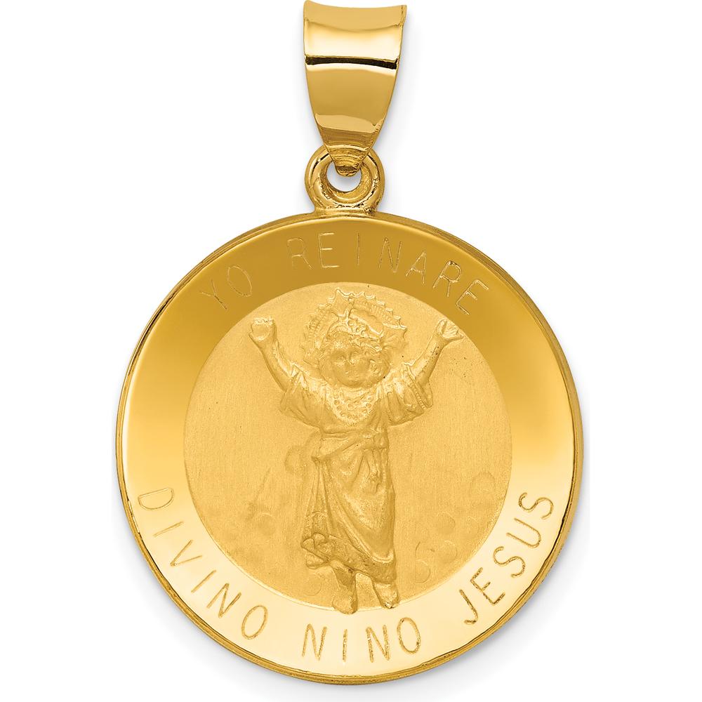 14K Yellow Gold Hollow Divino Niño Round Medal Pendant with Polished & Brushed Finish by Oro Pregiato