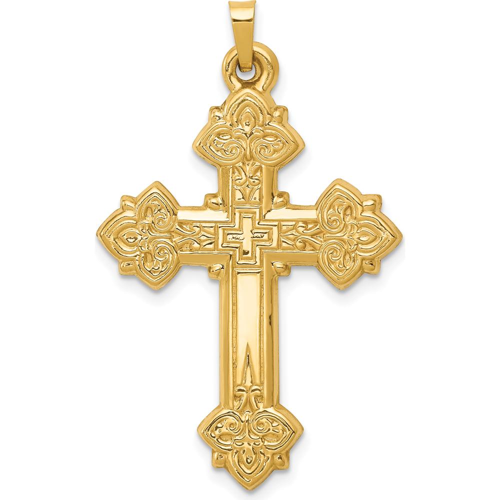 14K Yellow Gold Hollow Fleur de Lis Cross Pendant 42mm x 26mm by Oro Pregiato