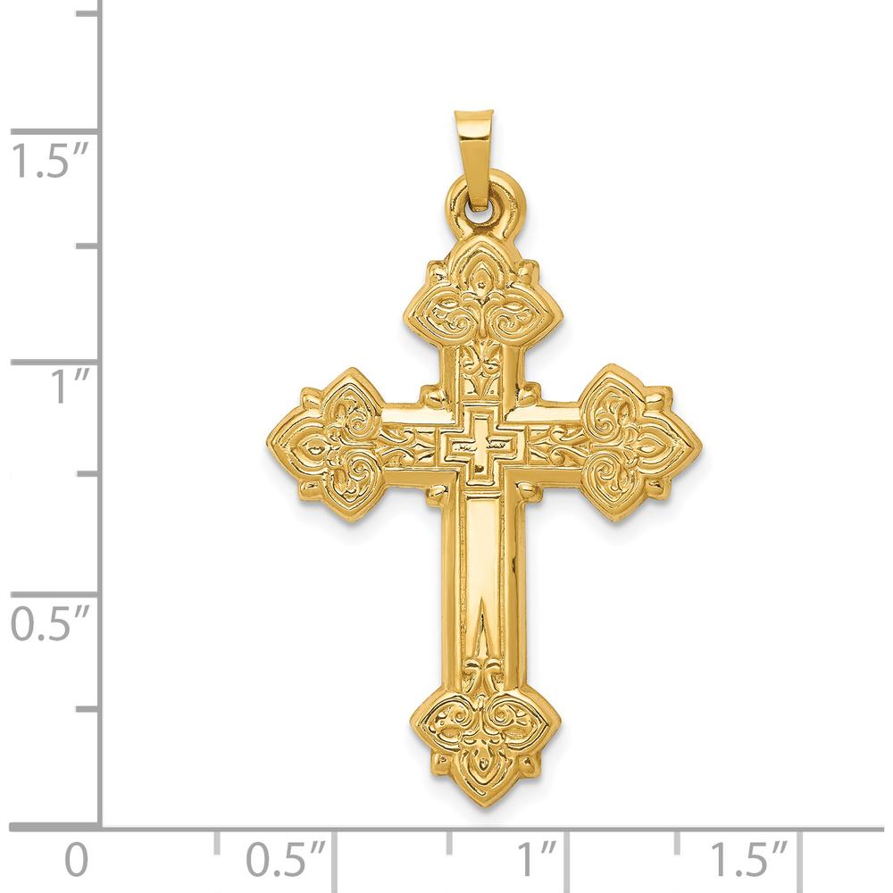 14K Yellow Gold Hollow Fleur de Lis Cross Pendant 42mm x 26mm by Oro Pregiato