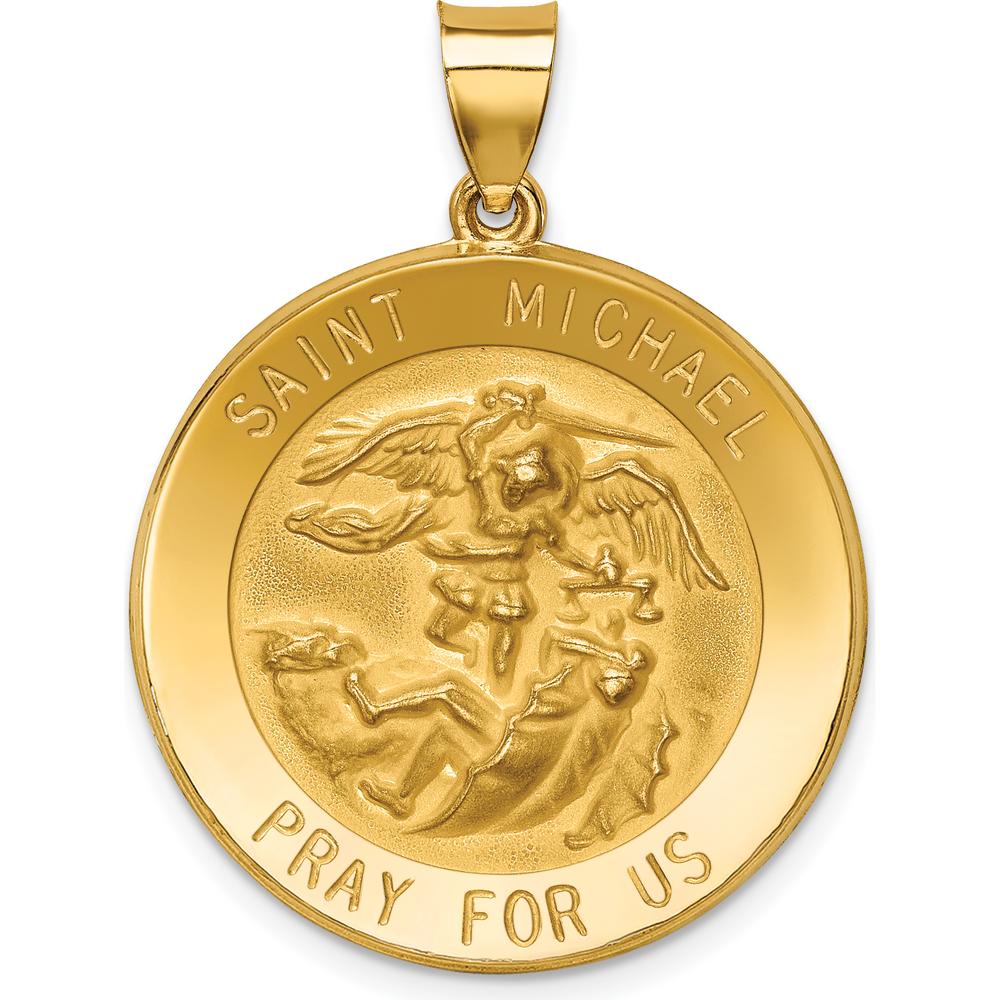 14K Yellow Gold Hollow Large St. Michael Medal Pendant - 28mm Length, Polished and Satin Finish by Oro Pregiato
