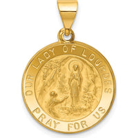 14K Yellow Gold Hollow Our Lady of Lourdes Round Pendant with Satin Finish by Oro Pregiato