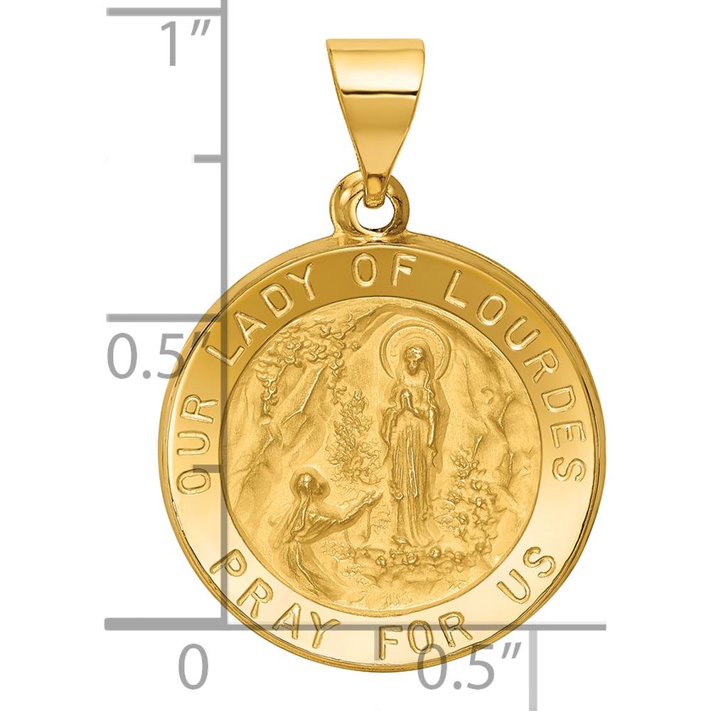 14K Yellow Gold Hollow Our Lady of Lourdes Round Pendant with Satin Finish by Oro Pregiato