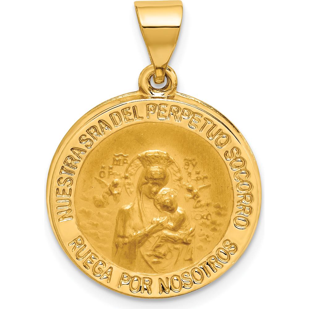 14K Yellow Gold Hollow Perpetuo Socorro Round Medal Pendant with Satin and Polished Finish by Oro Pregiato