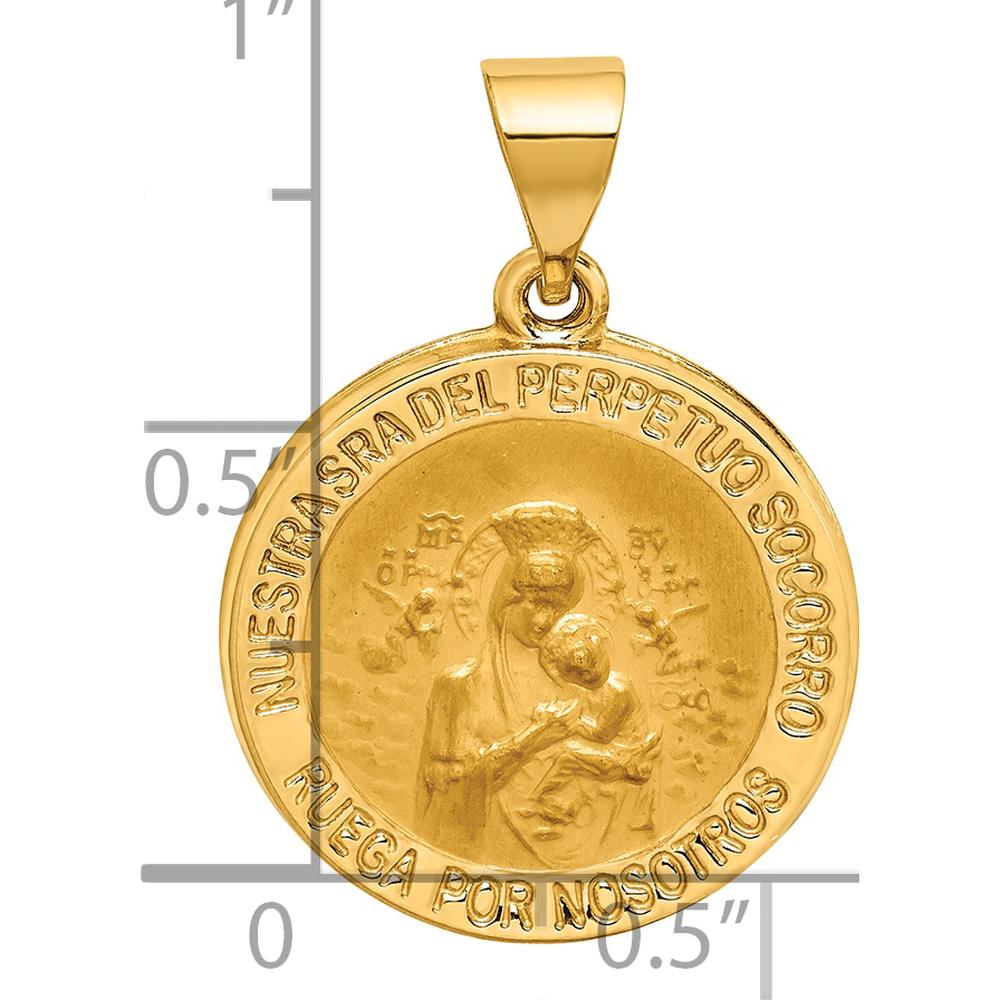 14K Yellow Gold Hollow Perpetuo Socorro Round Medal Pendant with Satin and Polished Finish by Oro Pregiato