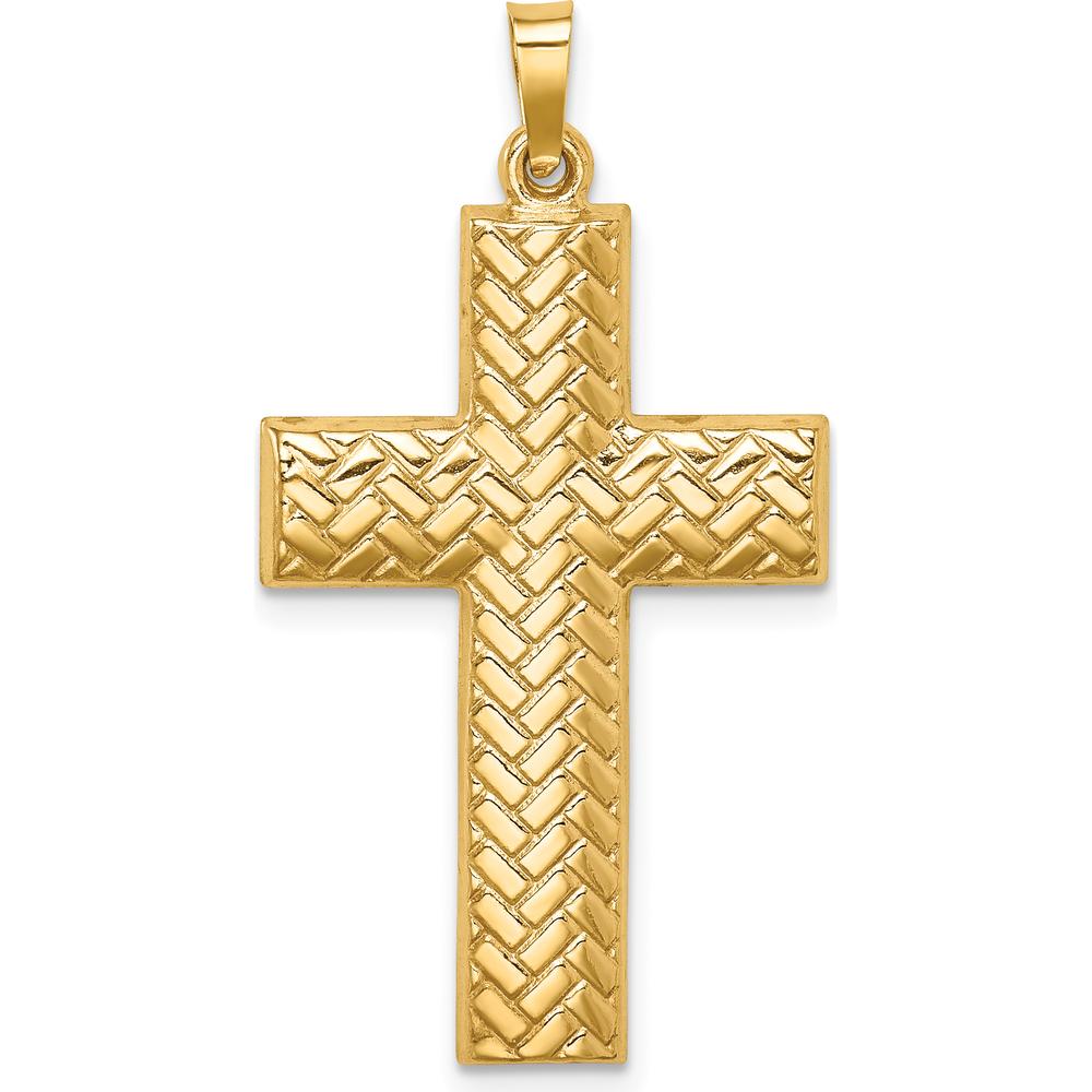 14K Yellow Gold Hollow Polished Basketweave Latin Cross Pendant - 35mm by Oro Pregiato