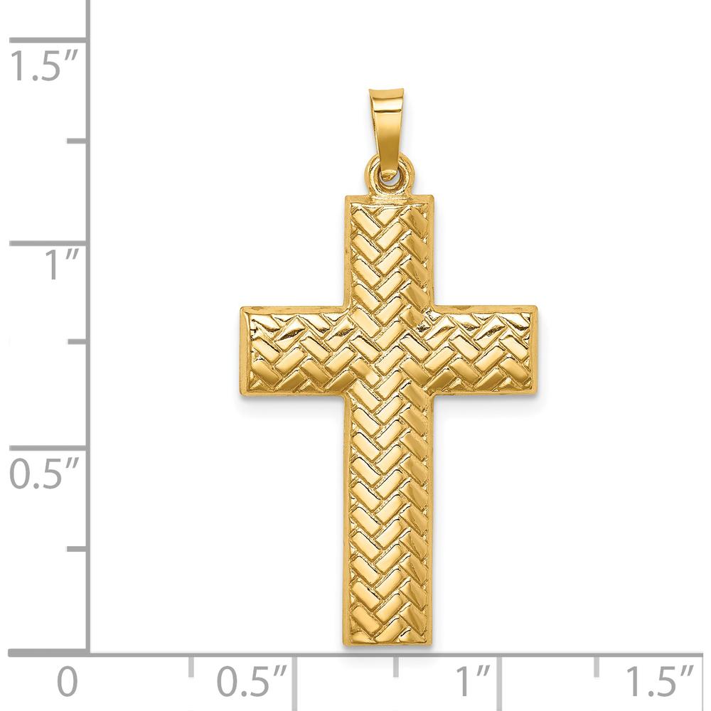 14K Yellow Gold Hollow Polished Basketweave Latin Cross Pendant - 35mm by Oro Pregiato
