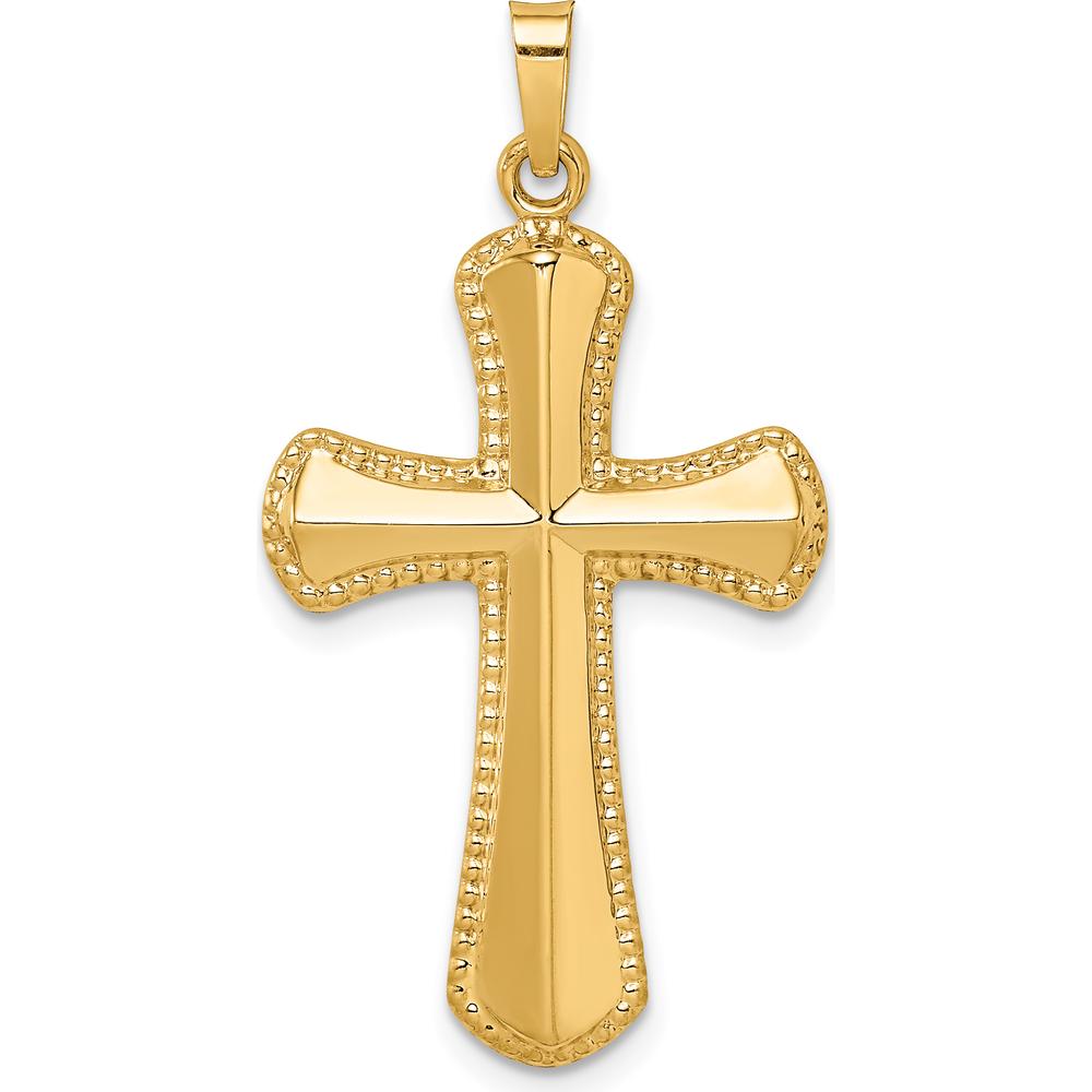14K Yellow Gold Hollow Polished Beaded Edge Cross Pendant - 35mm Length by Oro Pregiato