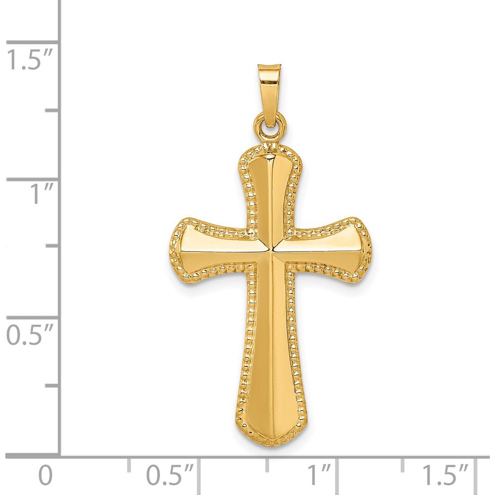 14K Yellow Gold Hollow Polished Beaded Edge Cross Pendant - 35mm Length by Oro Pregiato