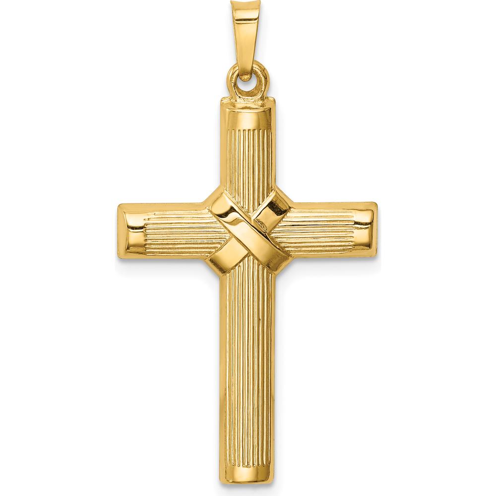 14K Yellow Gold Hollow Polished Center-X Cross Pendant with Striped Texture - 36.25mm in Length by Oro Pregiato