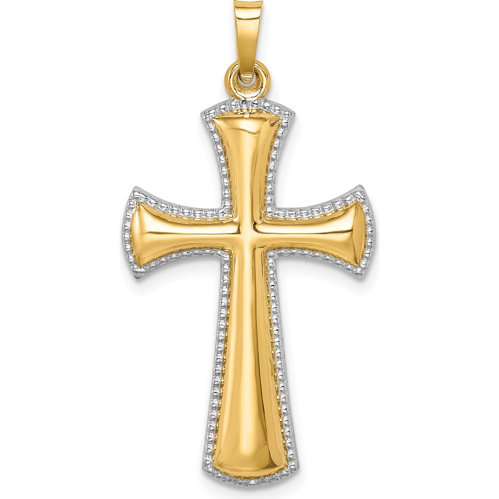14K Yellow Gold Hollow Polished Cross Pendant with White Rhodium Beaded Edge - 35.5mm Length by Oro Pregiato