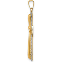 14K Yellow Gold Hollow Polished Cross Pendant with White Rhodium Beaded Edge - 35.5mm Length by Oro Pregiato