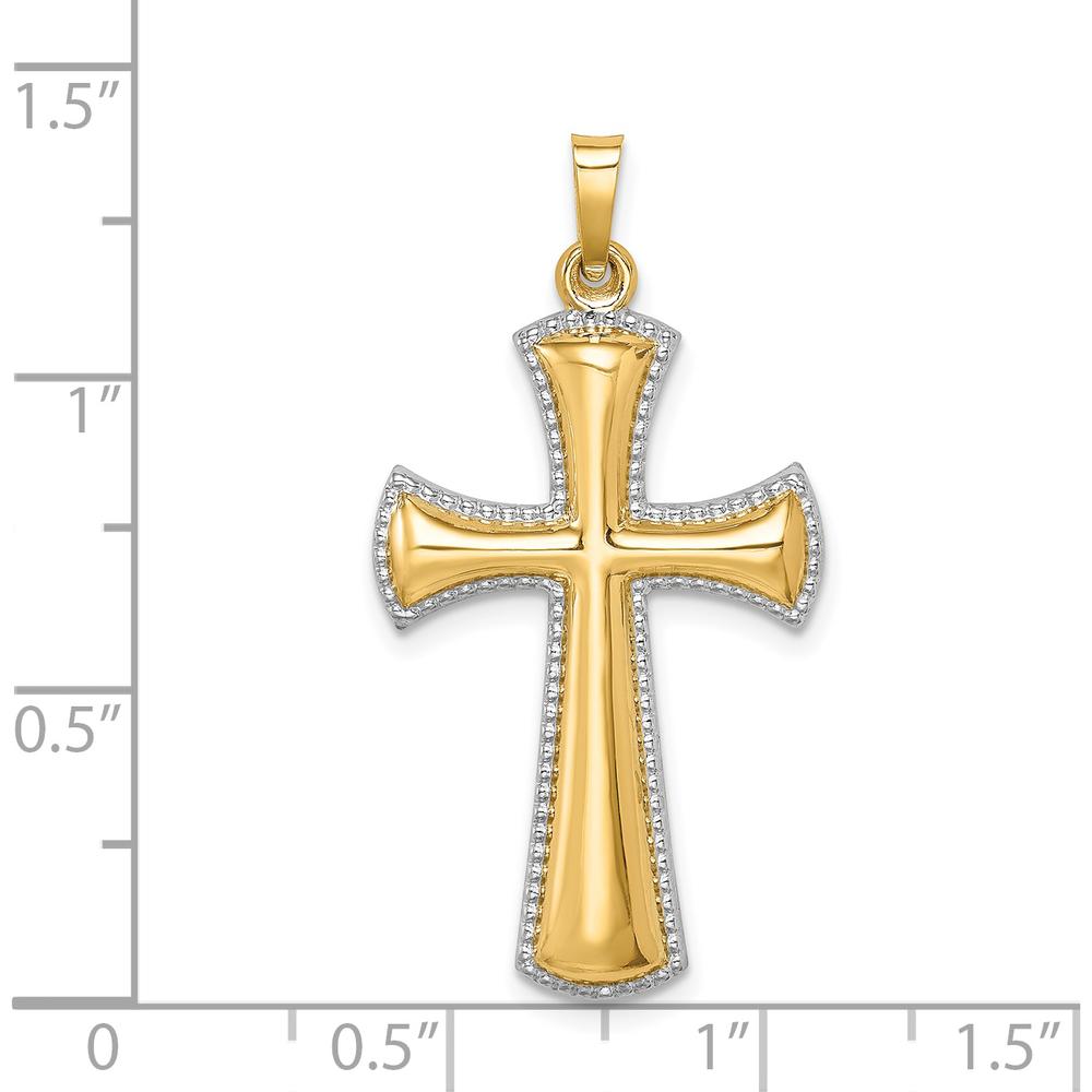 14K Yellow Gold Hollow Polished Cross Pendant with White Rhodium Beaded Edge - 35.5mm Length by Oro Pregiato