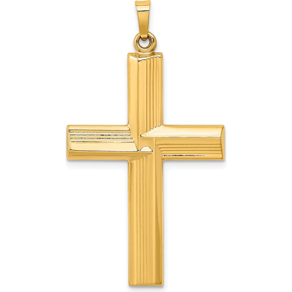 14K Yellow Gold Hollow Polished Stripe Design Latin Cross Pendant - 42mm Length by Oro Pregiato