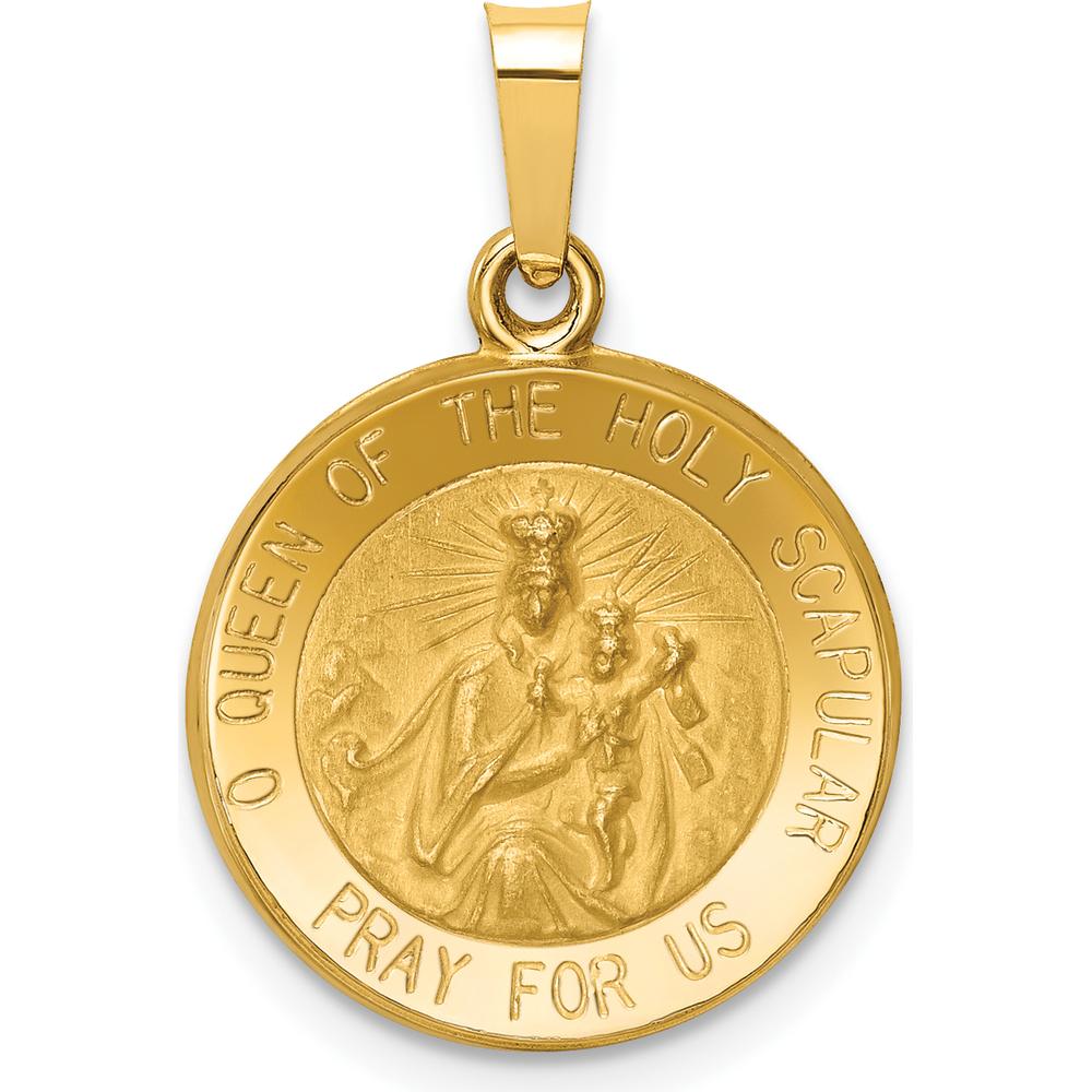 14K Yellow Gold Hollow Queen Of The Holy Scapular Reversible Round Pendant with Polished and Satin Finish by Oro Pregiato
